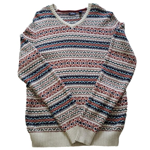Izod Sweater Men Size Med Fair Isle 100% Cotton V-Neck Long Sleeve Ribbed Hem - Picture 1 of 8